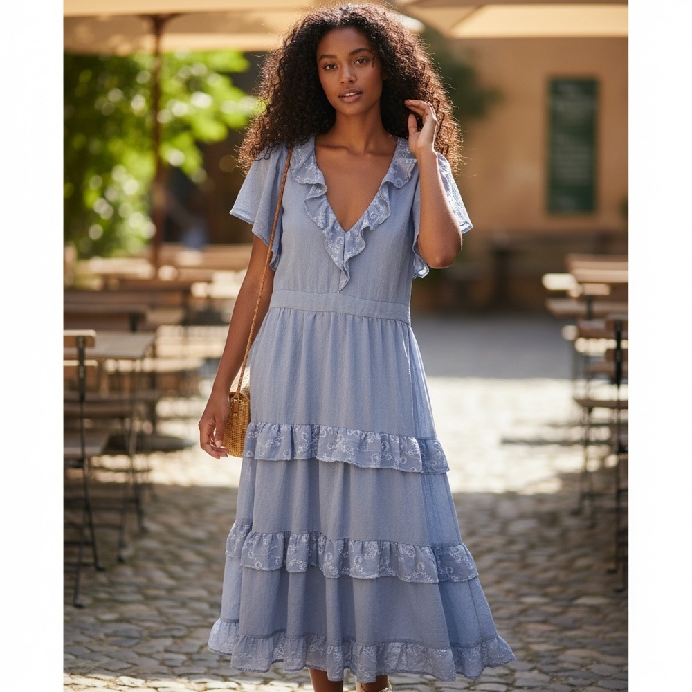 Shop Stevie Light Blue Ruffle Midi Dress